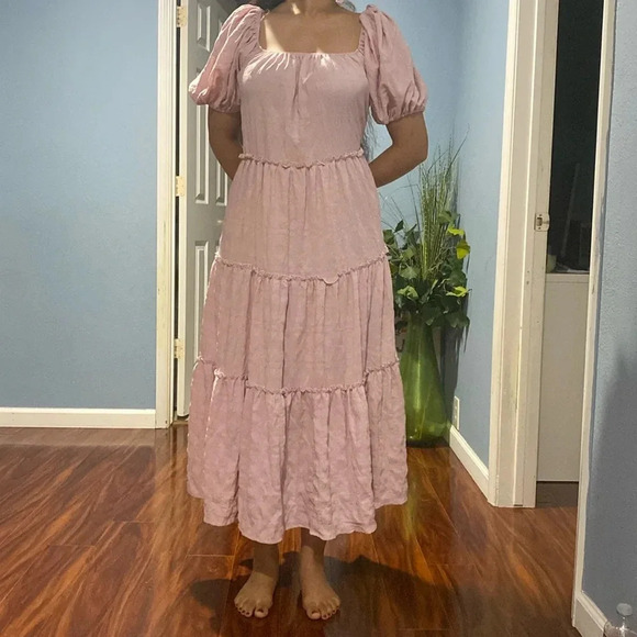 LuLu’s Tiers My Dear Blush Puff Sleeve Tiered Maxi Dress Small Cottagecore Boho - Picture 1 of 7